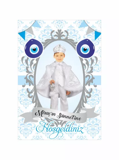 Mavi Damask Gümüş Sünnet Afişi Modelleri ve Fiyatları | Nazar Boncuklu Dikey Arka Fon – Zajabaskı