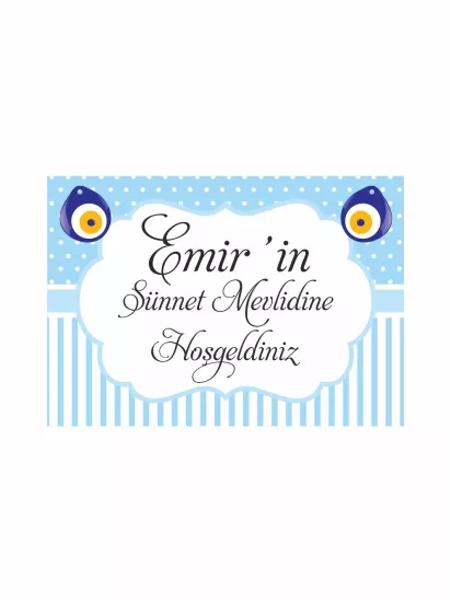 Mavi Puantiyeli Sünnet Afişi Modelleri ve Fiyatları | Çizgili Nazar Boncuklu Yatay Fon – Zajabaskı