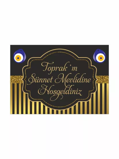 Siyah Gold Çizgili Sünnet Afişi Modelleri ve Fiyatları | Nazar Boncuklu Yatay Fon – Zajabaskı