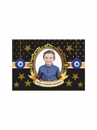 Siyah Gold Yıldızlı Oval Çerçeveli Resimli Nazar Boncuklu Fotoğraf Arka Fon Sünnet Afişi