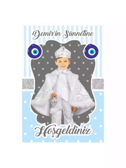 Sünnet Karşılama Panosu Mavi Gümüş Sim Nazar Boncuk Ayaklı 50x70 100x70 | Zajabaskı