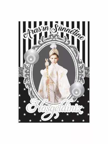 Sünnet Karşılama Panosu Siyah Beyaz Gümüş Çerçeve Ayaklı 50x70 100x70 | Zajabaskı