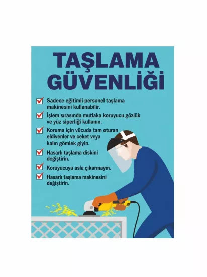 Taşlama Güvenliği Uyarı Levhası 40x30cm | İş Güvenliği Levhası | Zajabaskı