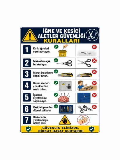 Tekstil Atölyesi İğne ve Kesici Aletler Güvenliği Levhası 40x30cm | Zajabaskı