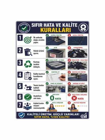 Tekstil Atölyesi Sıfır Hata ve Kalite Kuralları Levhası 40x30cm | Zajabaskı