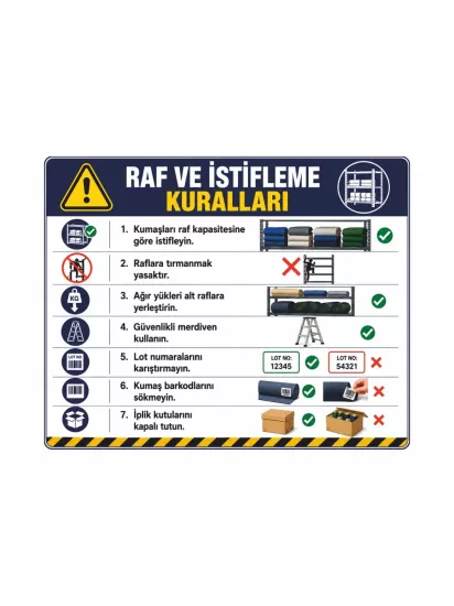 Tekstil Raf İstifleme Kuralları Uyarı Levhası 50x40cm | Zajabaskı