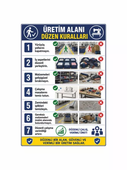 Tekstil Üretim Alanı Düzen Kuralları Uyarı Levhası 50x35cm | Zajabaskı
