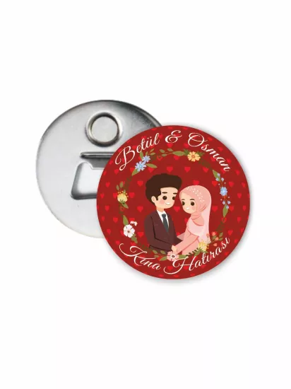 Tesettürlü Gelin Damat Tema Kına Açacak Magneti | 58mm Magnet Açacak | Zajabaskı