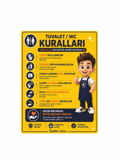 Tuvalet WC Kuralları Uyarı Levhası 40x30cm | WC Hijyen Levhası | Zajabaskı