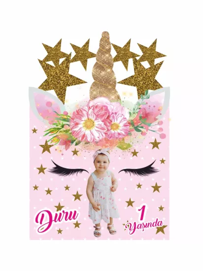 Doğum Günü Ayaklı Karşılama Panosu Modelleri ve Fiyatları – Gold Yıldızlı Pembe Unicorn 1 Yaş Kız Bebek | Zajabaski