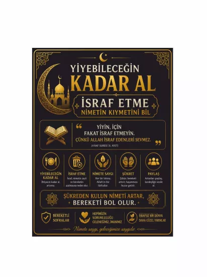 Yiyebileceğin Kadar Al İsraf Etme Uyarı Levhası 40x30cm | Zajabaskı