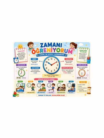 Zamanı Öğreniyorum Sınıf Öğrenci Afişi | Eğitici Poster | Zajabaskı
