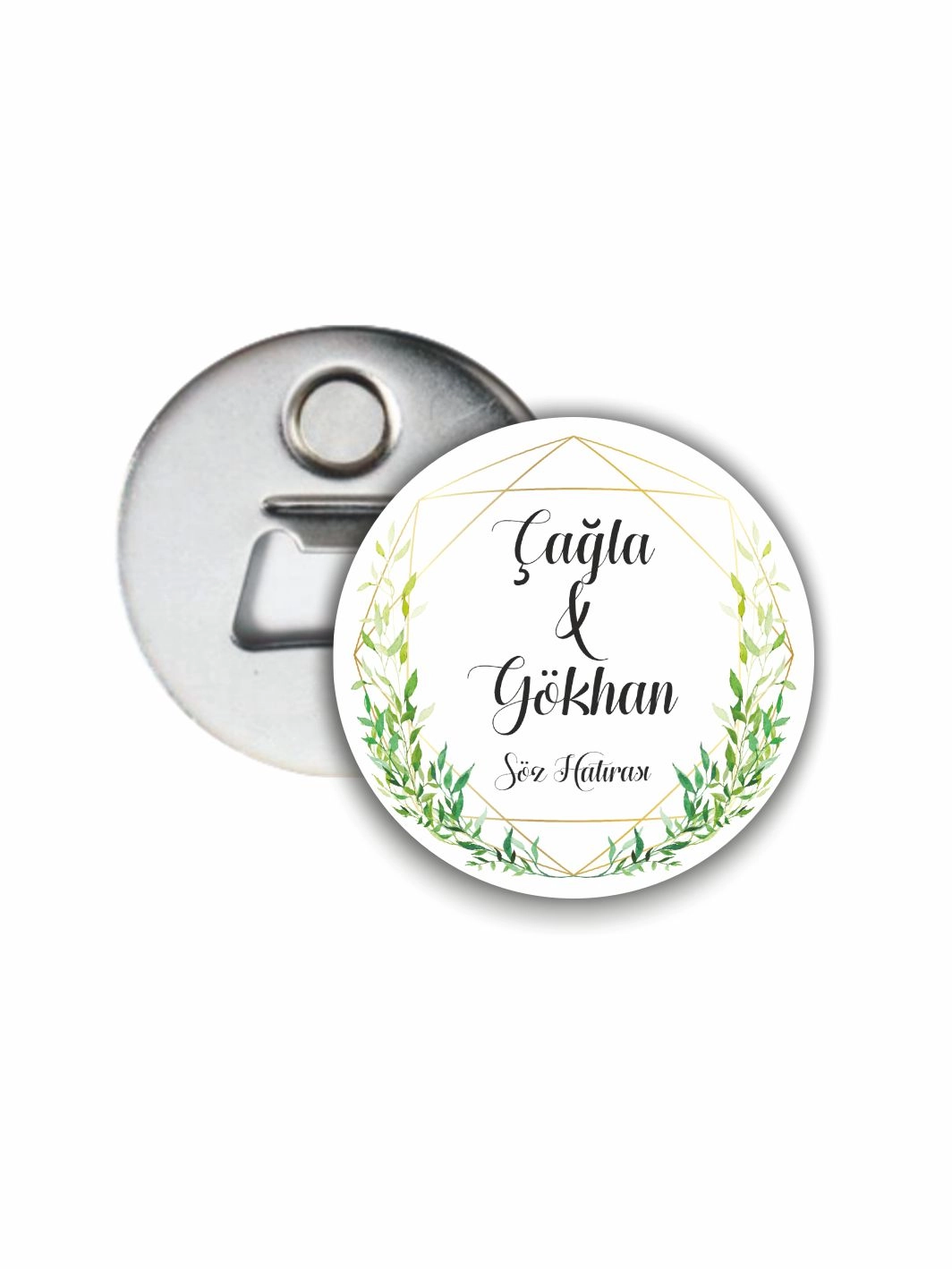 Söz Hatırası Açacak Magnet Yeşil Çiçek Gold Çerçeve Tema 58mm Buton Magnet