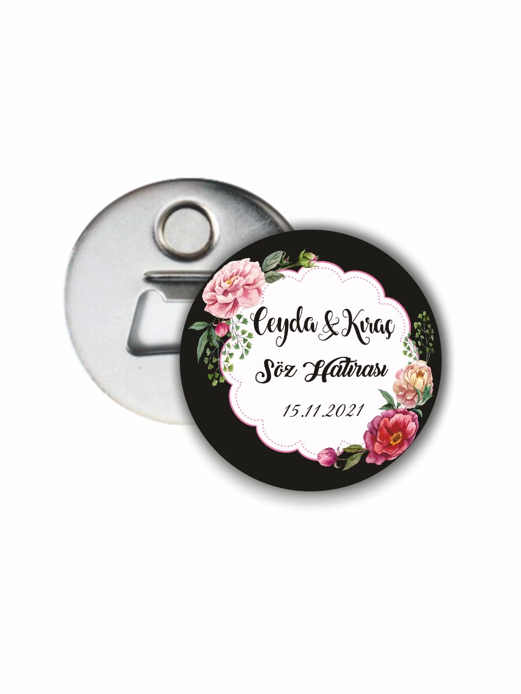 Söz Nişan Düğün Açacak Magneti Çiçek Çerçeve Tema 58mm Buton Magnet