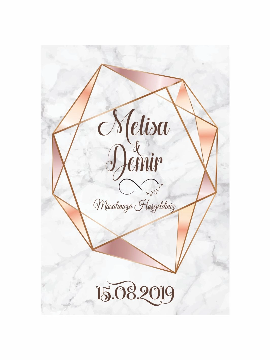Söz Nişan Düğün Ayaklı Karşılama Panosu Mermer Zemin Rose Gold Geometrik Çerçeveli Modern Konsept