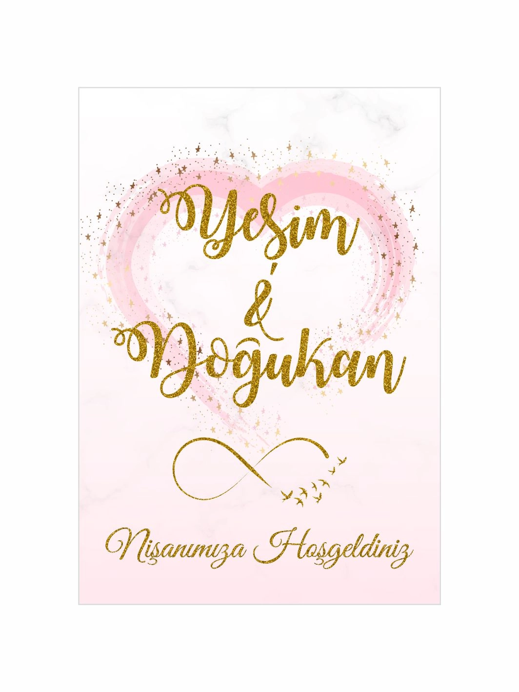 Söz Nişan Düğün Ayaklı Karşılama Panosu Pembe Kalp Zemin Gold Simli Yazılı Romantik Konsept