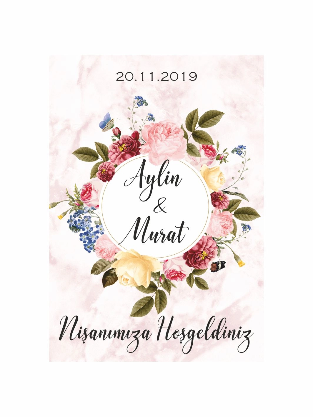 Söz Nişan Düğün Ayaklı Karşılama Panosu Pembe Mermer Zemin Çiçek Çelenkli Romantik Konsept