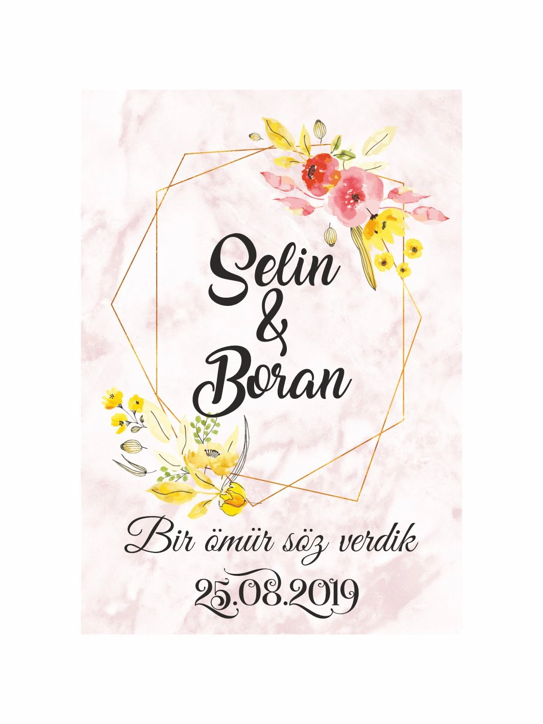 Söz Nişan Düğün Ayaklı Karşılama Panosu Pembe Mermer Zemin Gold Geometrik Çerçeveli Sarı Çiçekli Zarif Konsept