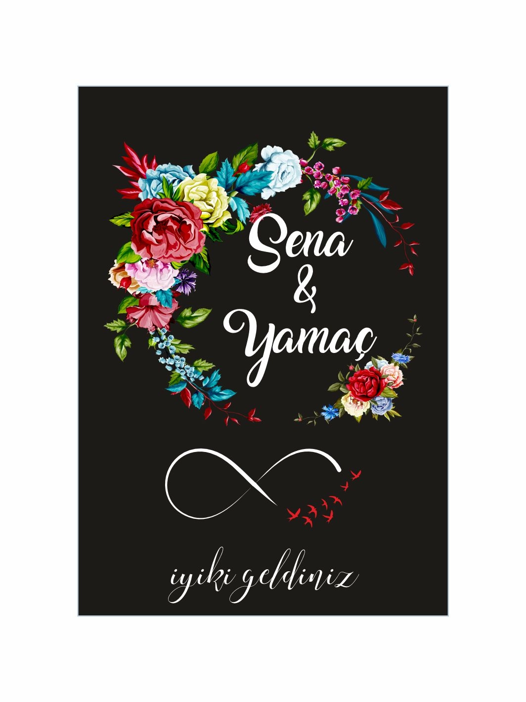 Söz Nişan Düğün Ayaklı Karşılama Panosu Siyah Zemin Renkli Çiçek Çelenkli Romantik Bahar Konsept