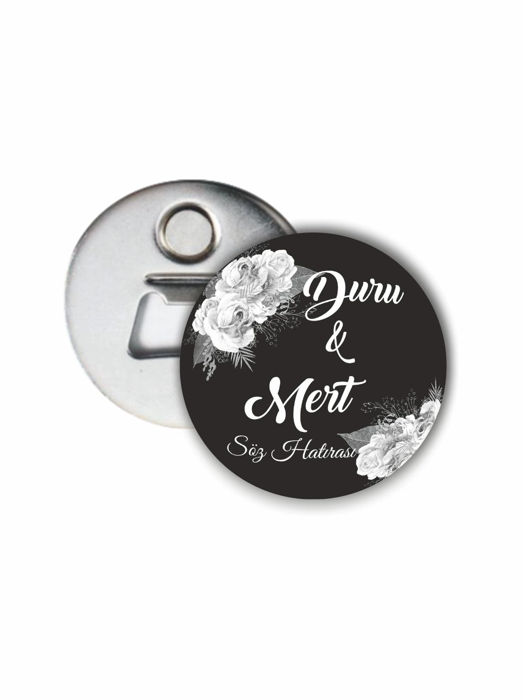 Söz Nişan Düğün Hatırası Açacak Magnet Beyaz Çiçekler Tema 58mm Buton Magnet