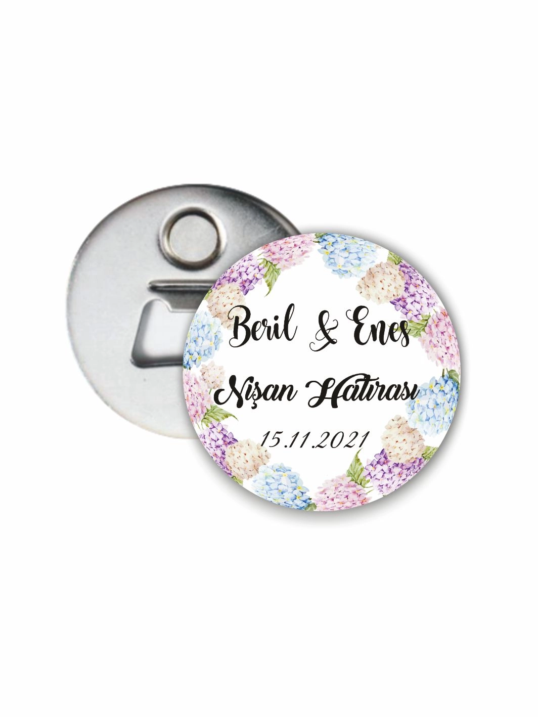 Söz Nişan Düğün Hatırası Açacak Magnet Mavi Lila Çiçek Tema 58mm Buton Magnet