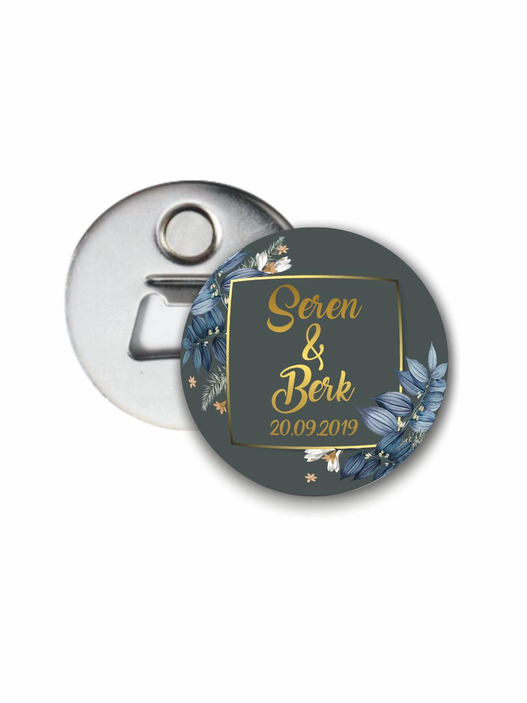 Söz Nişan Düğün Hediyelik Açacak Magnet Mavi Çiçek Gold Çerçeve Tema 58mm Buton Magnet