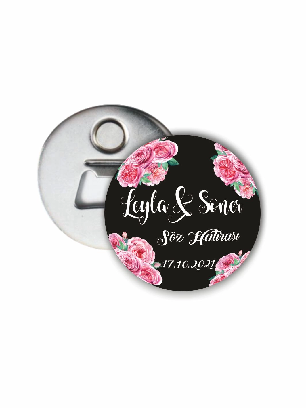 Söz Nişan Düğün Hediyelik Açacak Magneti Siyah Zemin Pembe Çiçek Tema 58mm Buton Magnet