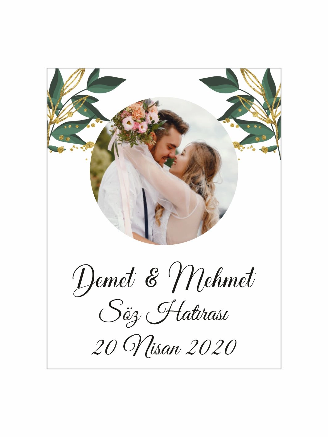 Söz Nişan Nikah Düğün Hatıra Magneti Fotoğraflı Yeşil Yaprak Desenli Romantik Botanik Konsept
