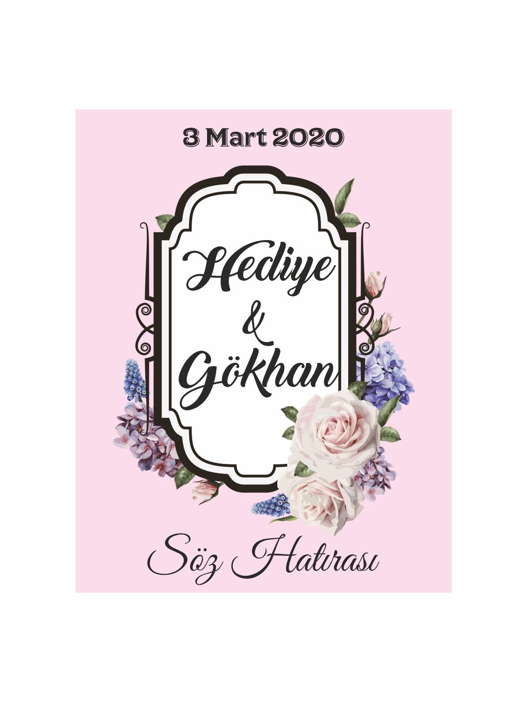 Söz Nişan Nikah Düğün Hatıra Magneti Pembe Zemin Klasik Çerçeveli Çiçekli Vintage Zarif Konsept