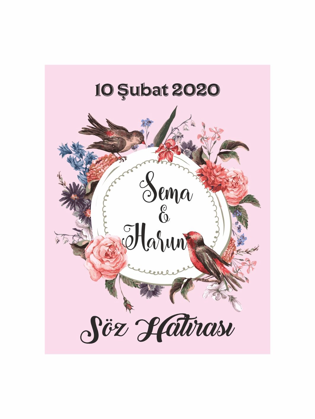 Söz Nişan Nikah Düğün Hatıra Magneti Pudra Zemin Kuş ve Çiçek Çelenkli Romantik Vintage Konsept
