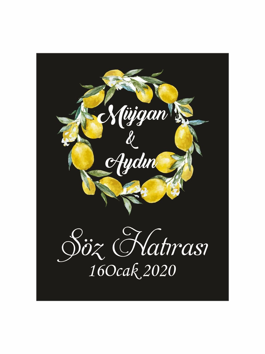 Söz Nişan Nikah Düğün Hatıra Magneti Siyah Zemin Limon Çelenkli Akdeniz Temalı Romantik Konsept