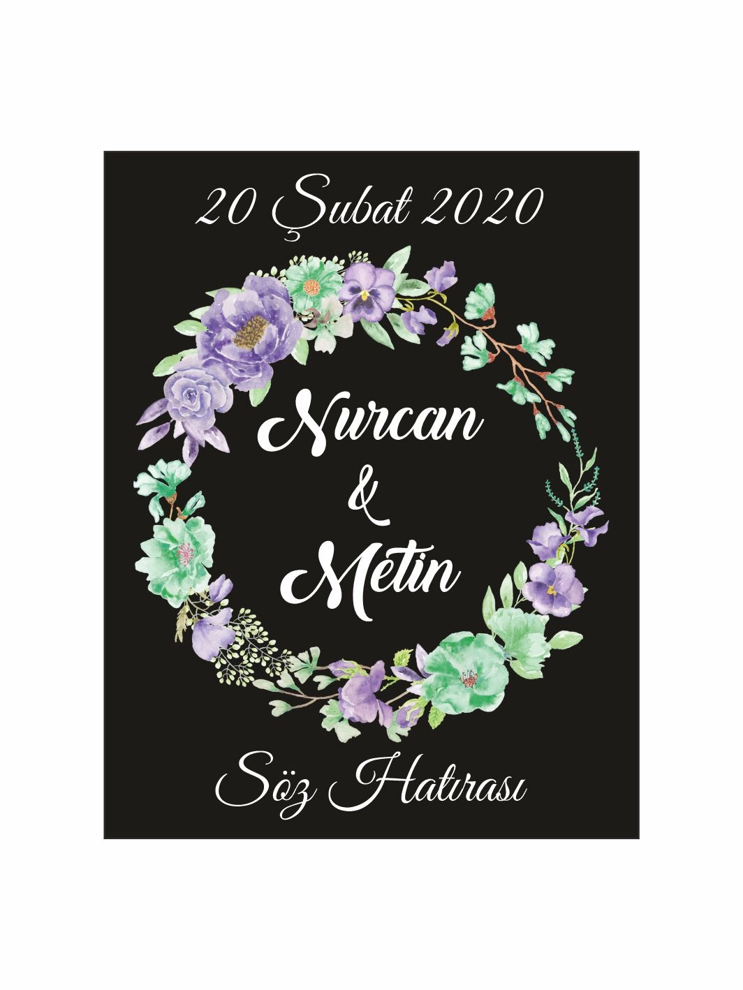 Söz Nişan Nikah Düğün Hatıra Magneti Siyah Zemin Mor Yeşil Çiçek Çelenkli Romantik Bahar Konsept