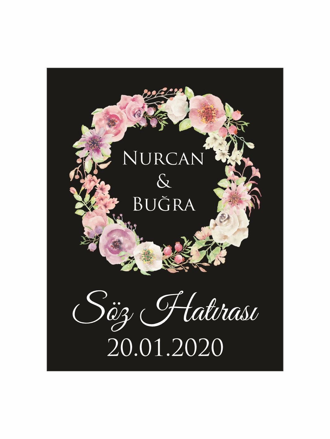 Söz Nişan Nikah Düğün Hatıra Magneti Siyah Zemin Pastel Çiçek Çelenkli Zarif Romantik Konsept