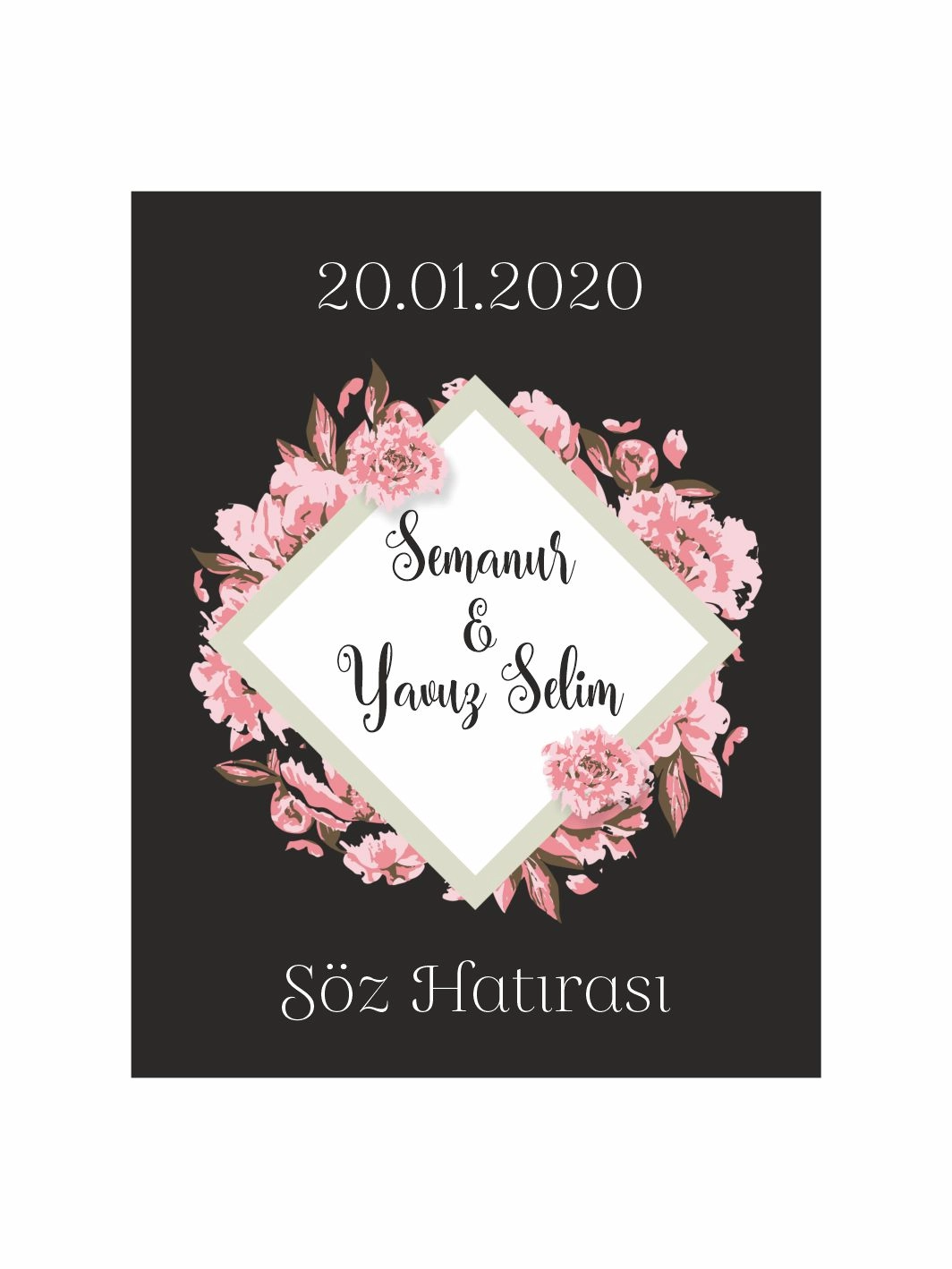 Söz Nişan Nikah Düğün Hatıra Magneti Siyah Zemin Pembe Çiçek Çelenkli Modern Romantik Konsept