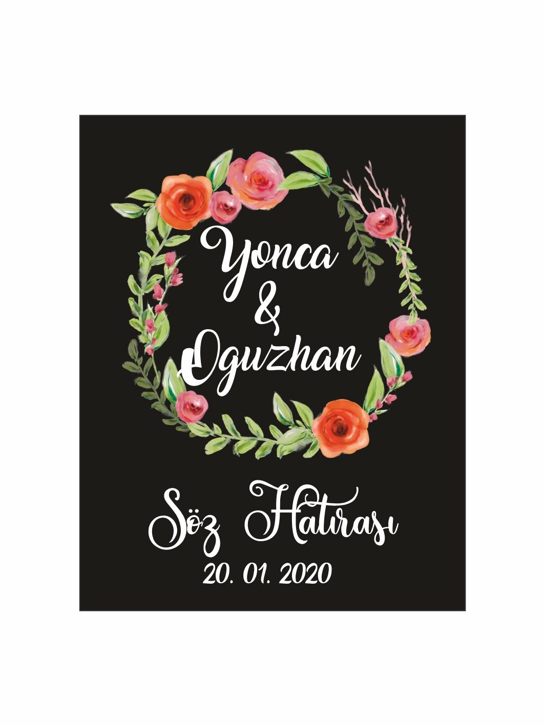 Söz Nişan Nikah Düğün Hatıra Magneti Siyah Zemin Turuncu Çiçek Çelenkli Romantik Konsept