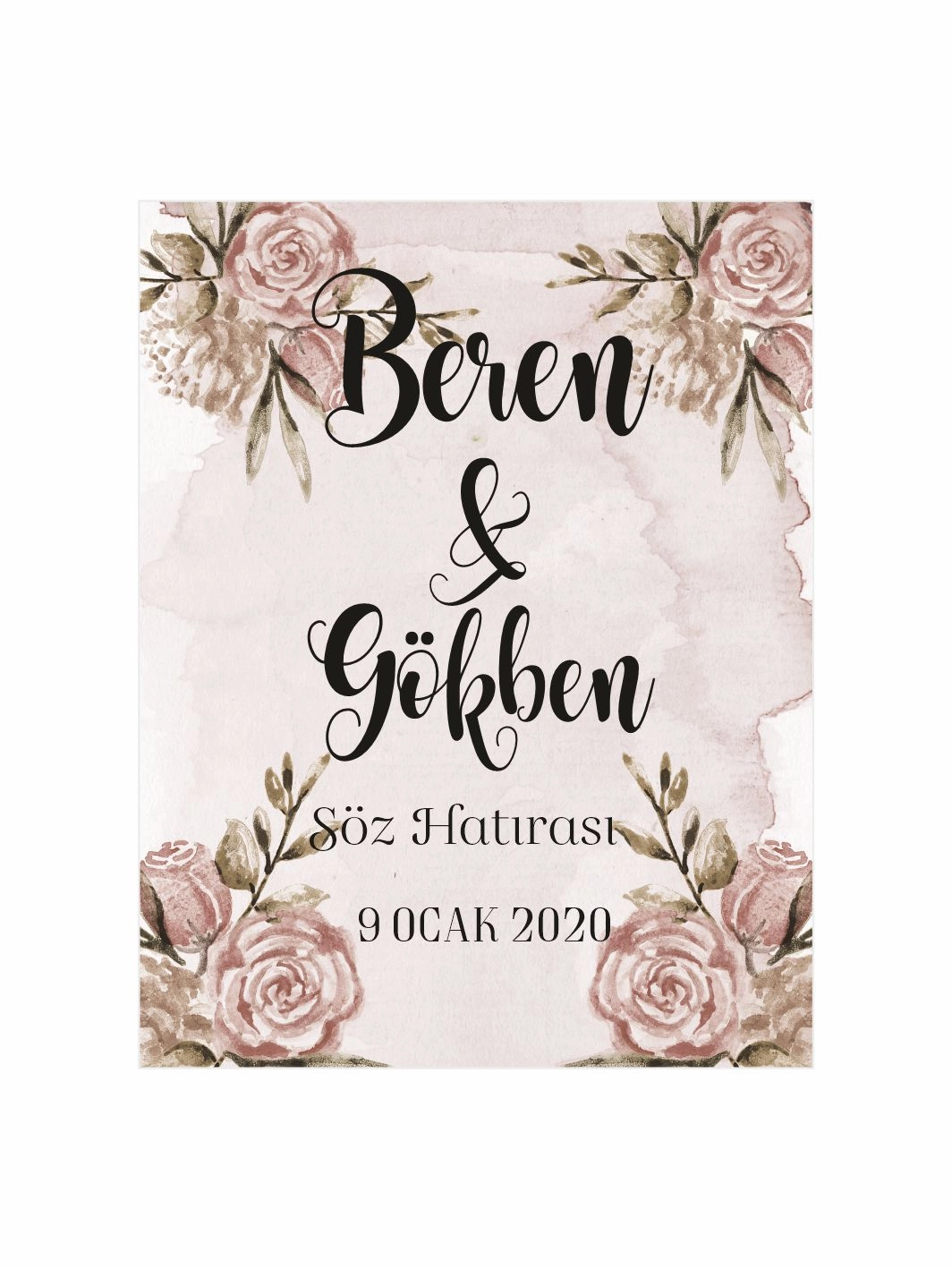 Söz Nişan Nikah Düğün Hatıra Magneti Vintage Bej Zemin Gül Çiçekli Zarif Romantik Konsept