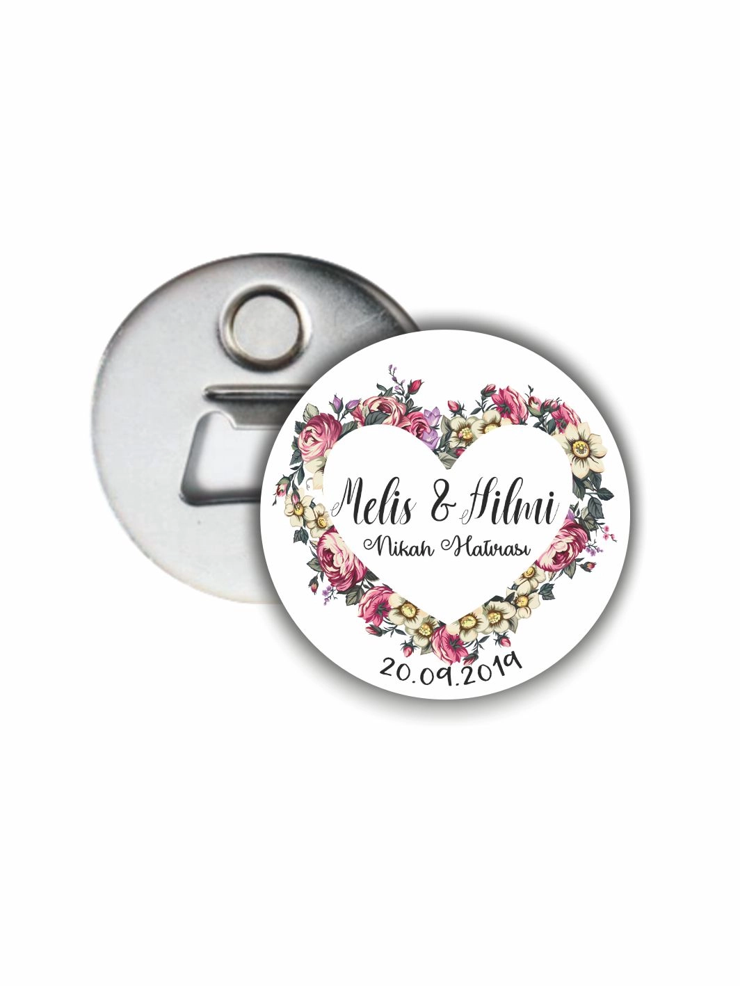Söz Nişan Nikah Düğün Hatırası Açacak Magnet Kalp Çiçek Çerçeve Tema 58mm Buton Magnet