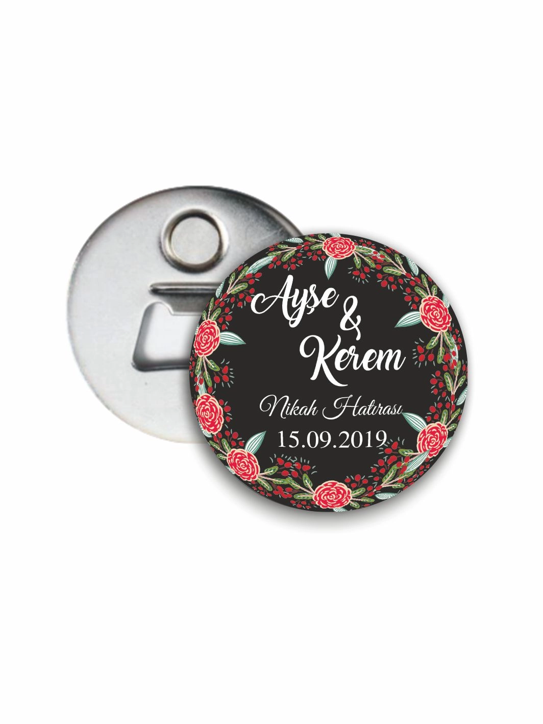 Söz Nişan Nikah Düğün Hatırası Açacak Magneti Kırmızı Çiçek Tema 58mm Buton Magnet