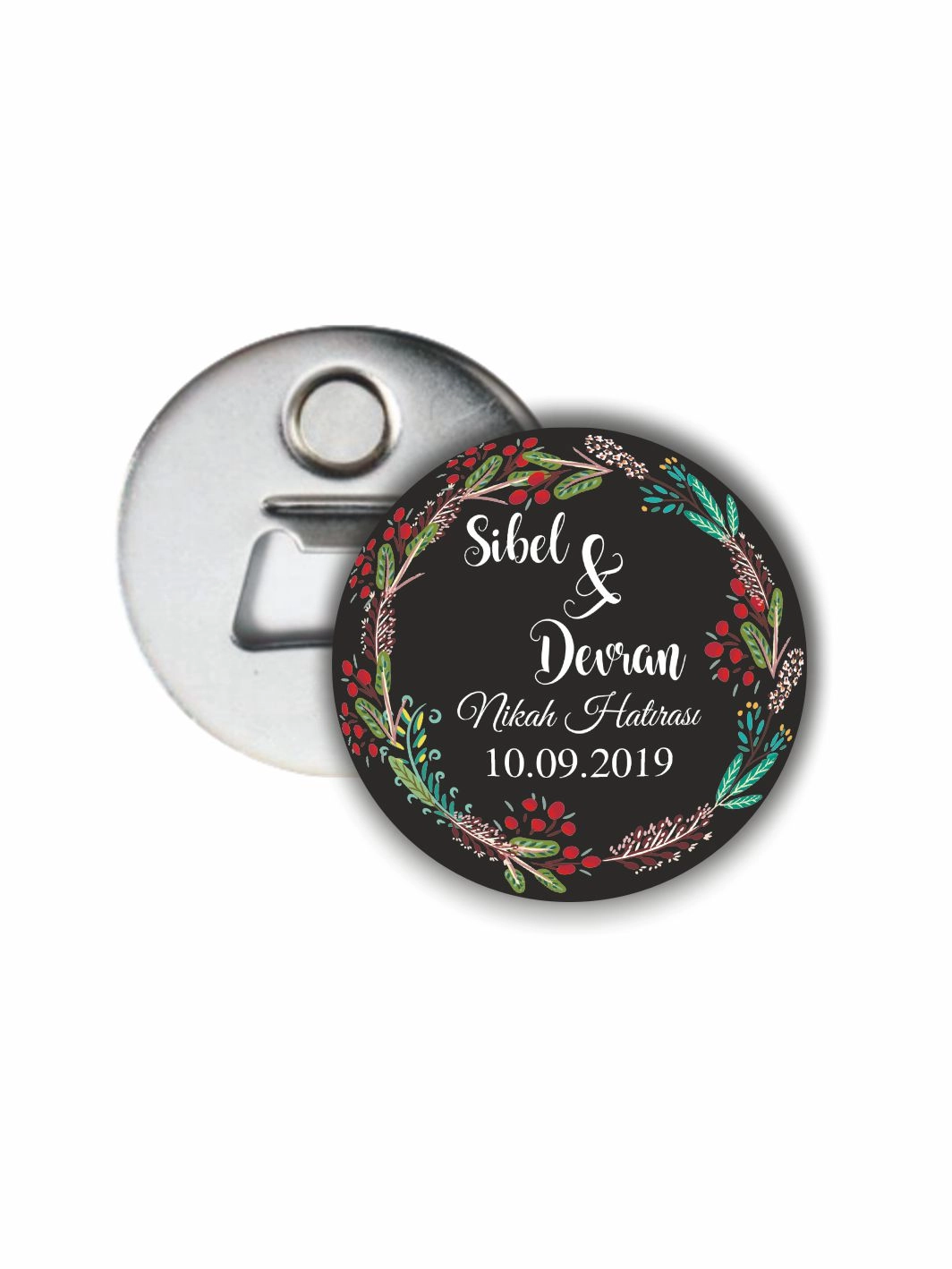Söz Nişan Nikah Düğün Hatırası Açacak Magneti Siyah Zemin Çiçek Çerçeve Tema 58mm Buton Magnet