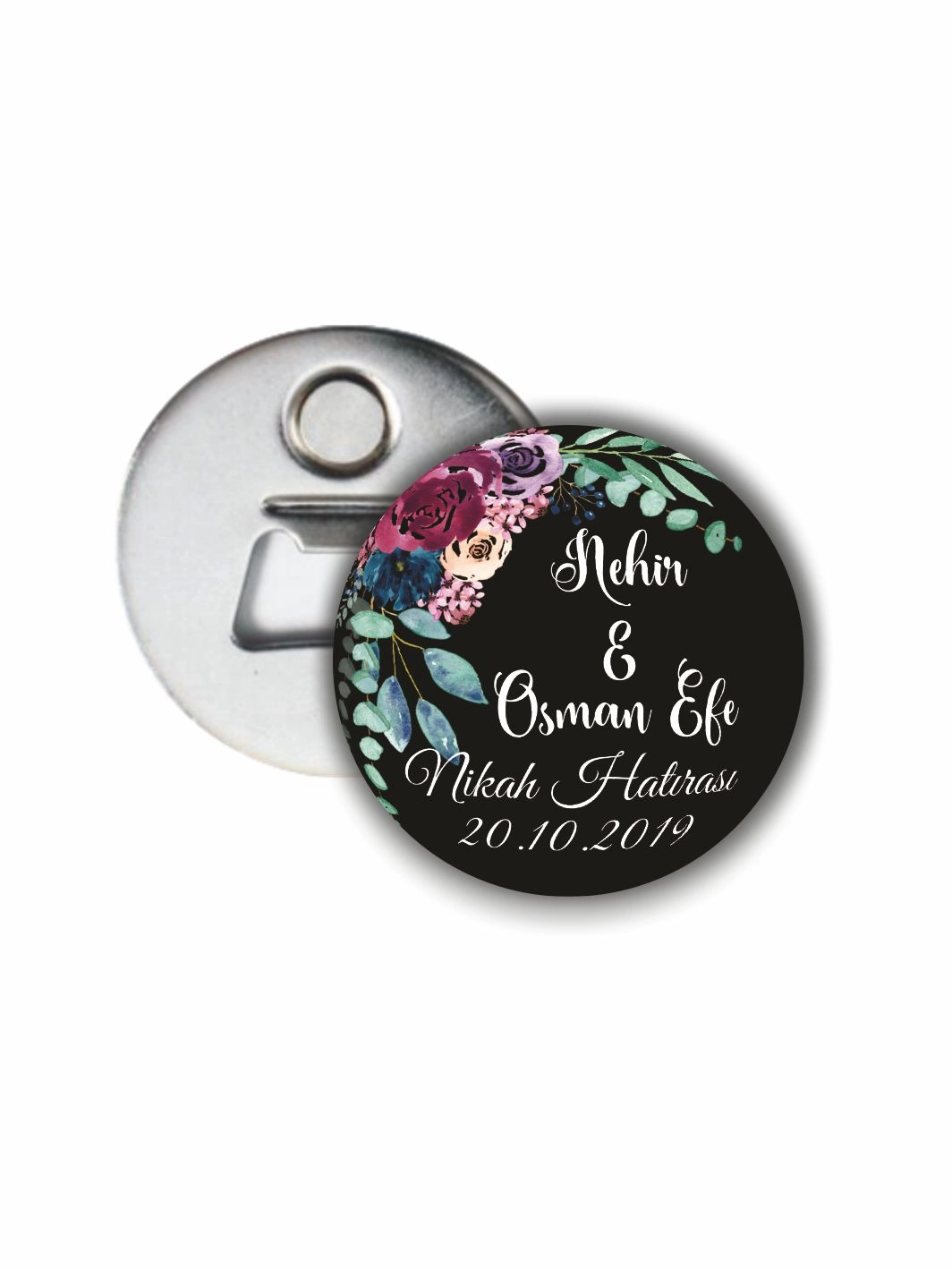 Söz Nişan Nikah Hatırası Açacak Magneti Siyah Zemin Boho Çiçek Detaylı 58mm Buton Magnet