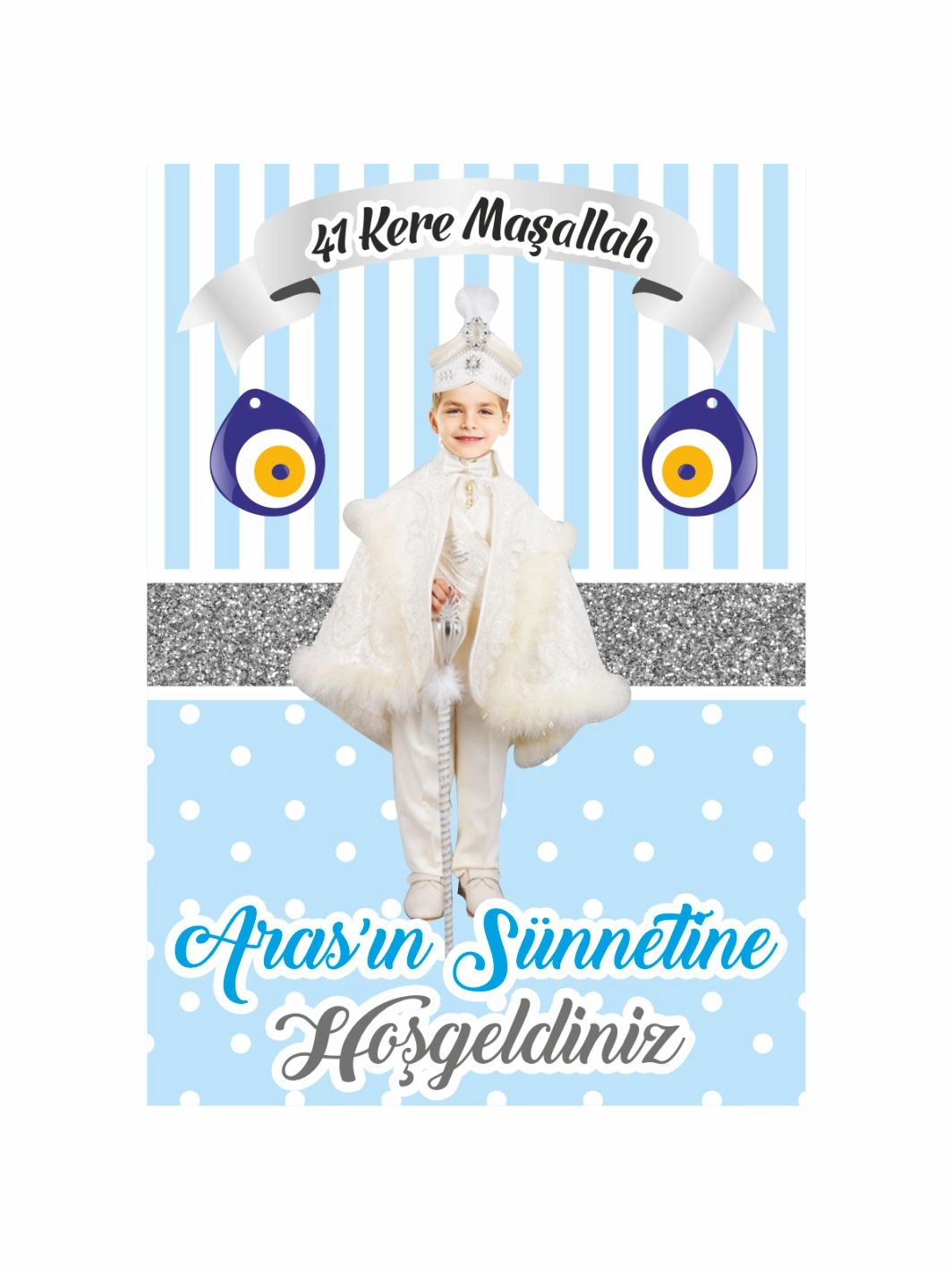 Mavi Beyaz Çizgili 41 Kere Maşallah Temalı Nazar Boncuklu Resimli Dikey Sünnet Arka Fon Afiş