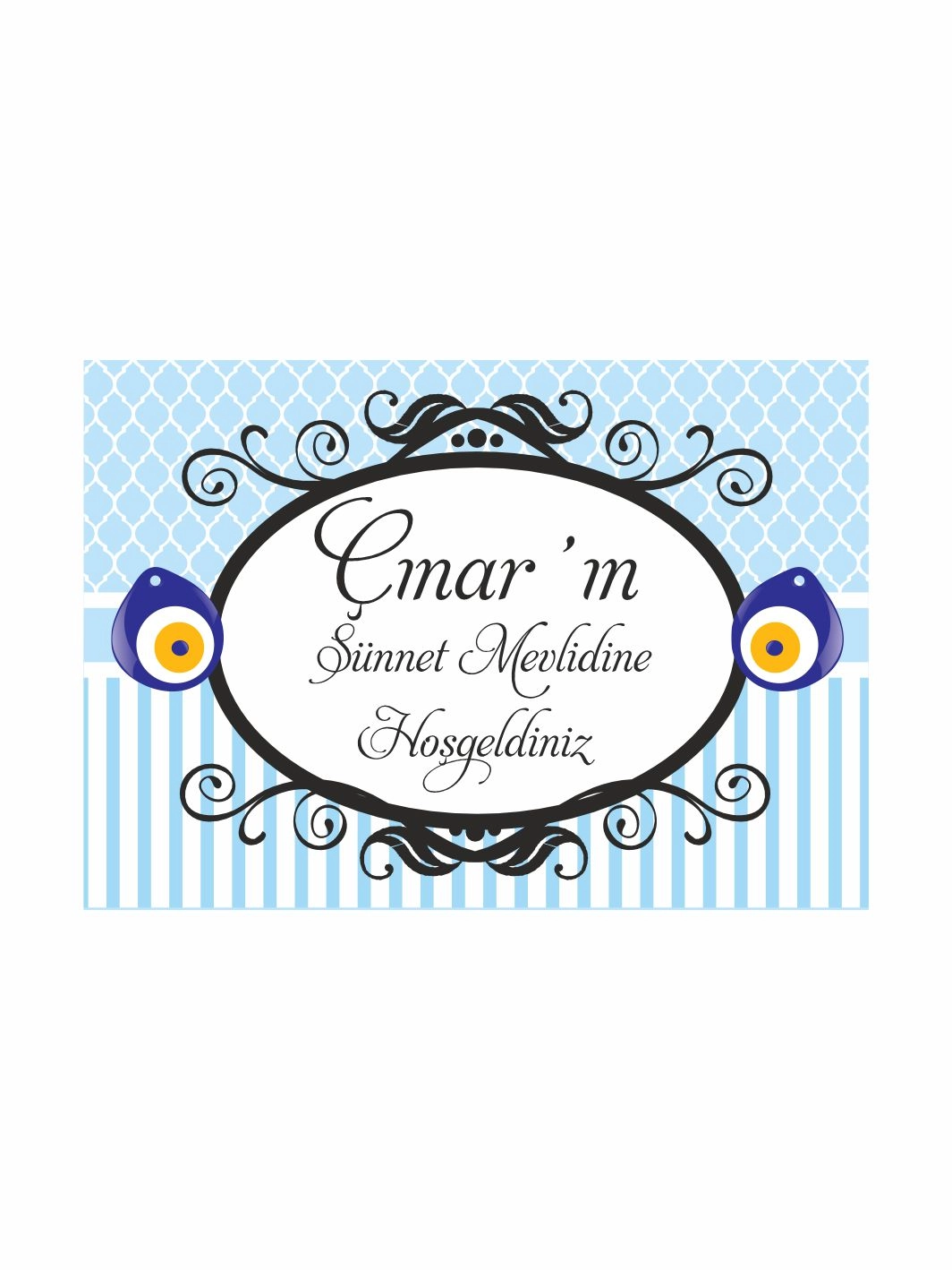 Mavi Çizgili Damask Desenli Siyah Oval Çerçeveli Nazar Boncuklu Yatay Sünnet Mevlidi Arka Fon Afiş