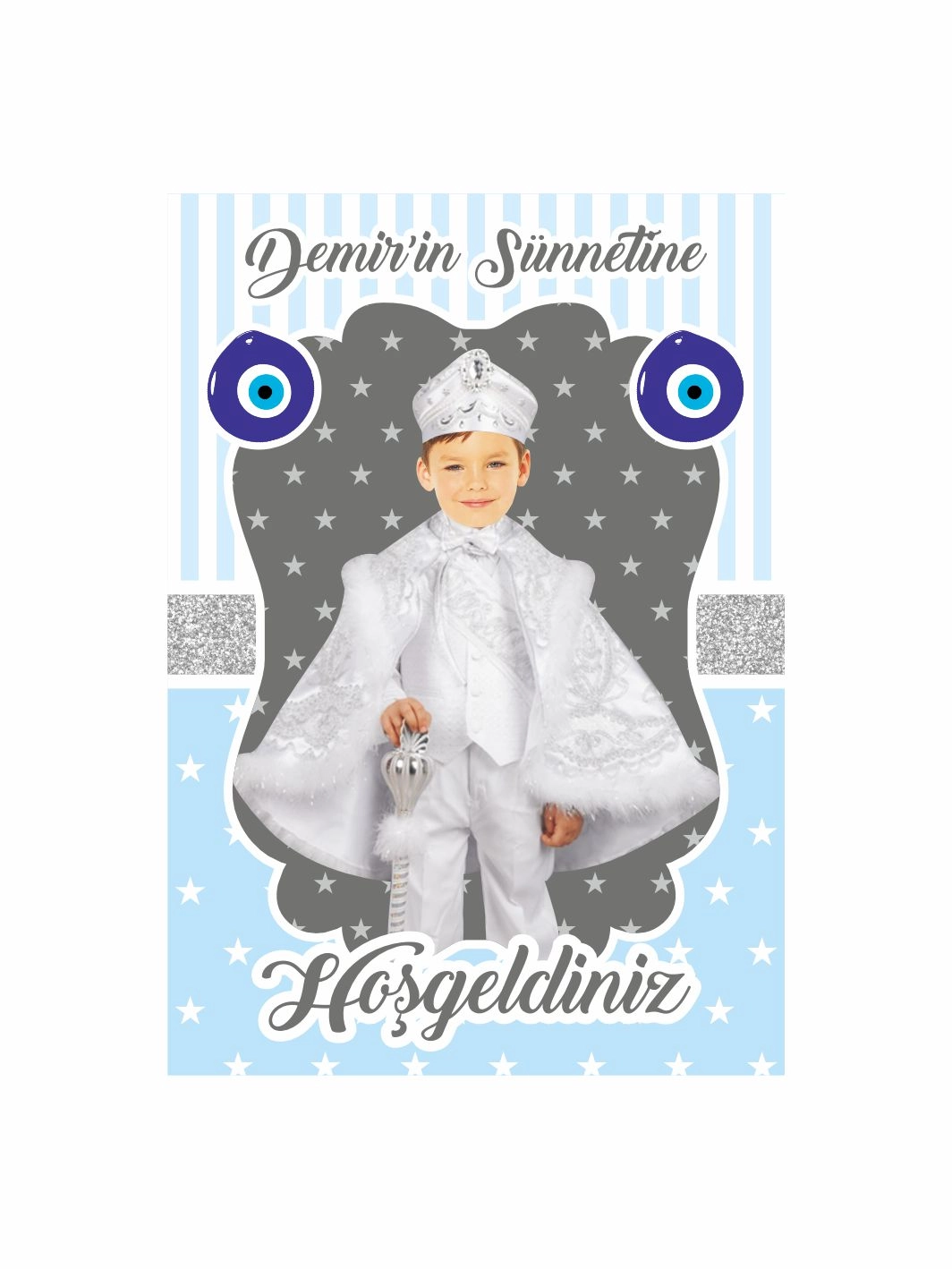 Sünnet Karşılama Panosu Mavi Gümüş Sim Nazar Boncuk Tema