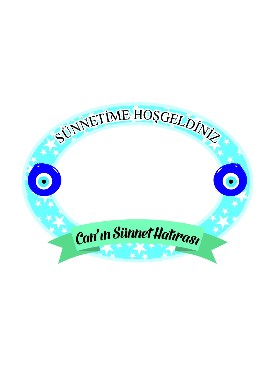 Sünnetime Hoşgeldiniz Yazılı Oval Nazar Boncuklu İsimli Sade Sünnet Hatıra Çerçevesi 100x70 cm