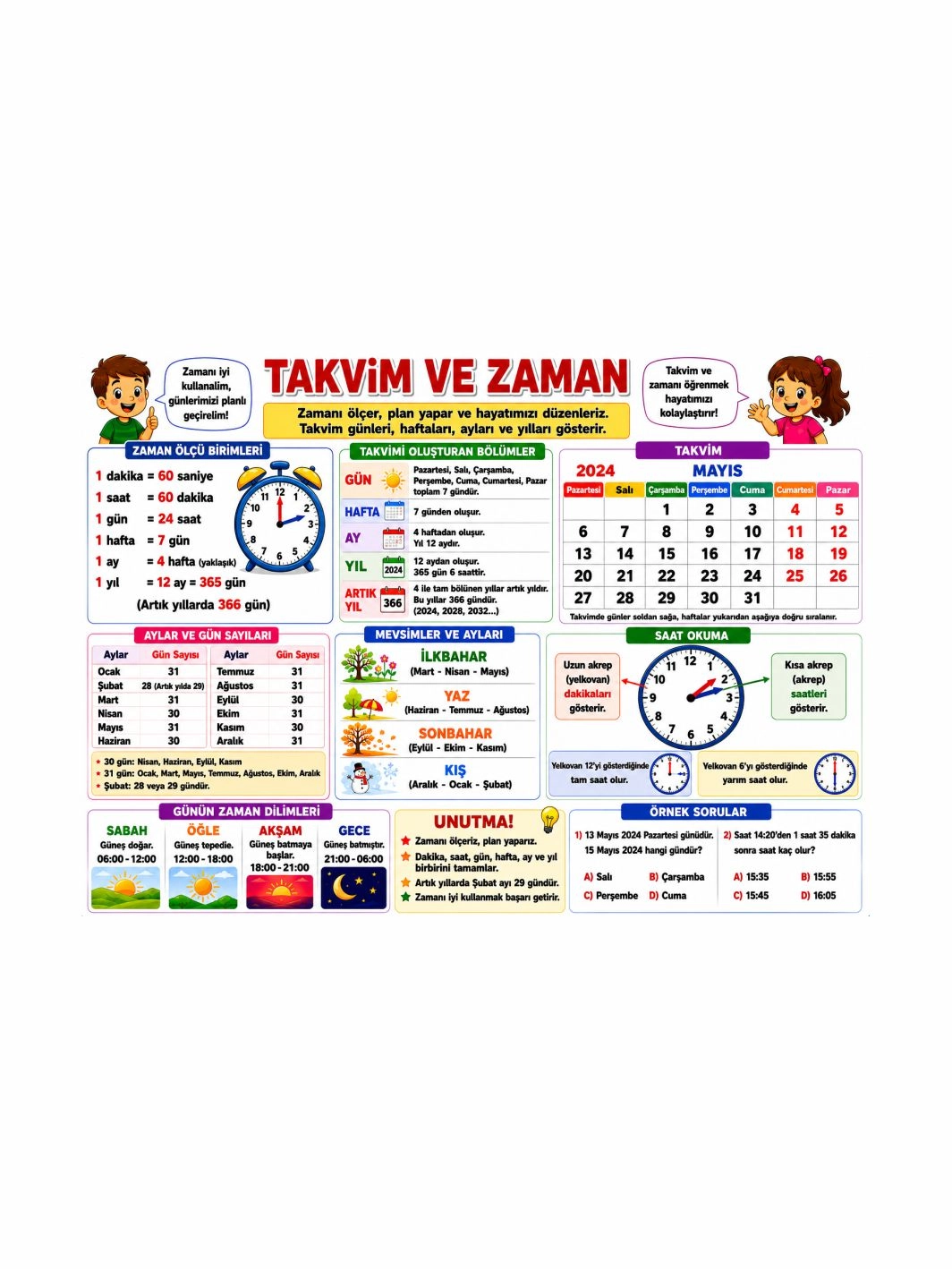 Takvim ve Zaman Sınıf Öğrenci Afişi | İlkokul Eğitici Matematik Posteri | Zajabaskı