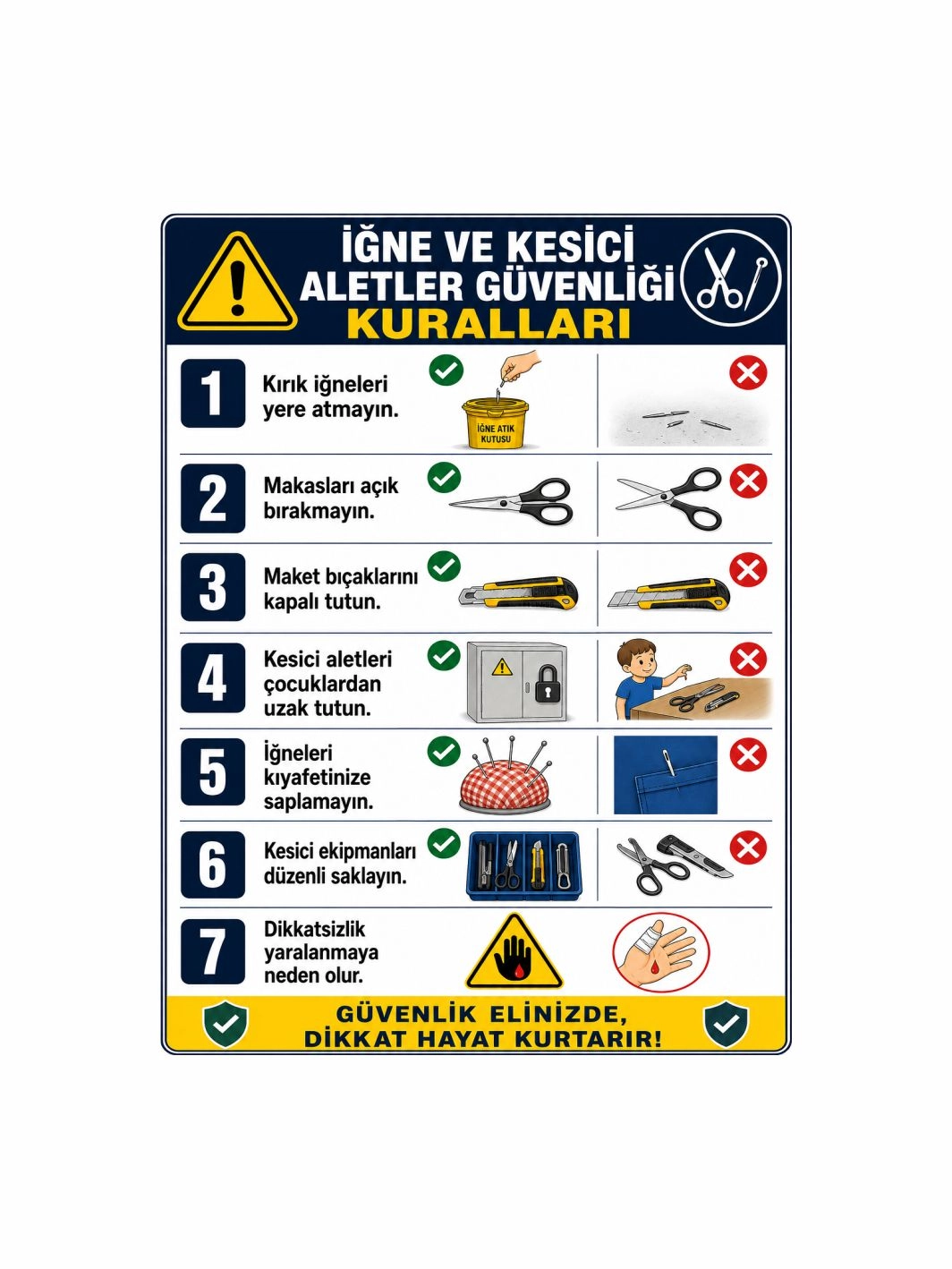 Tekstil Atölyesi İğne ve Kesici Aletler Güvenliği Kuralları Uyarı Levhası 40x30cm