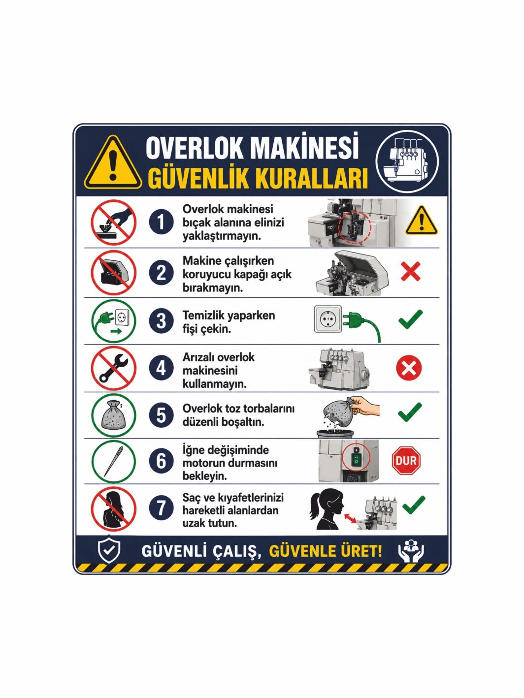 Tekstil Overlok Makinesi Güvenlik Kuralları Uyarı Levhası 50x40cm