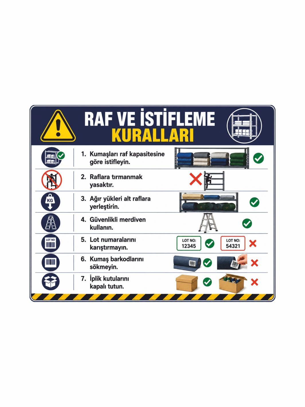 Tekstil Raf İstifleme Kuralları Uyarı Levhası 50x40cm
