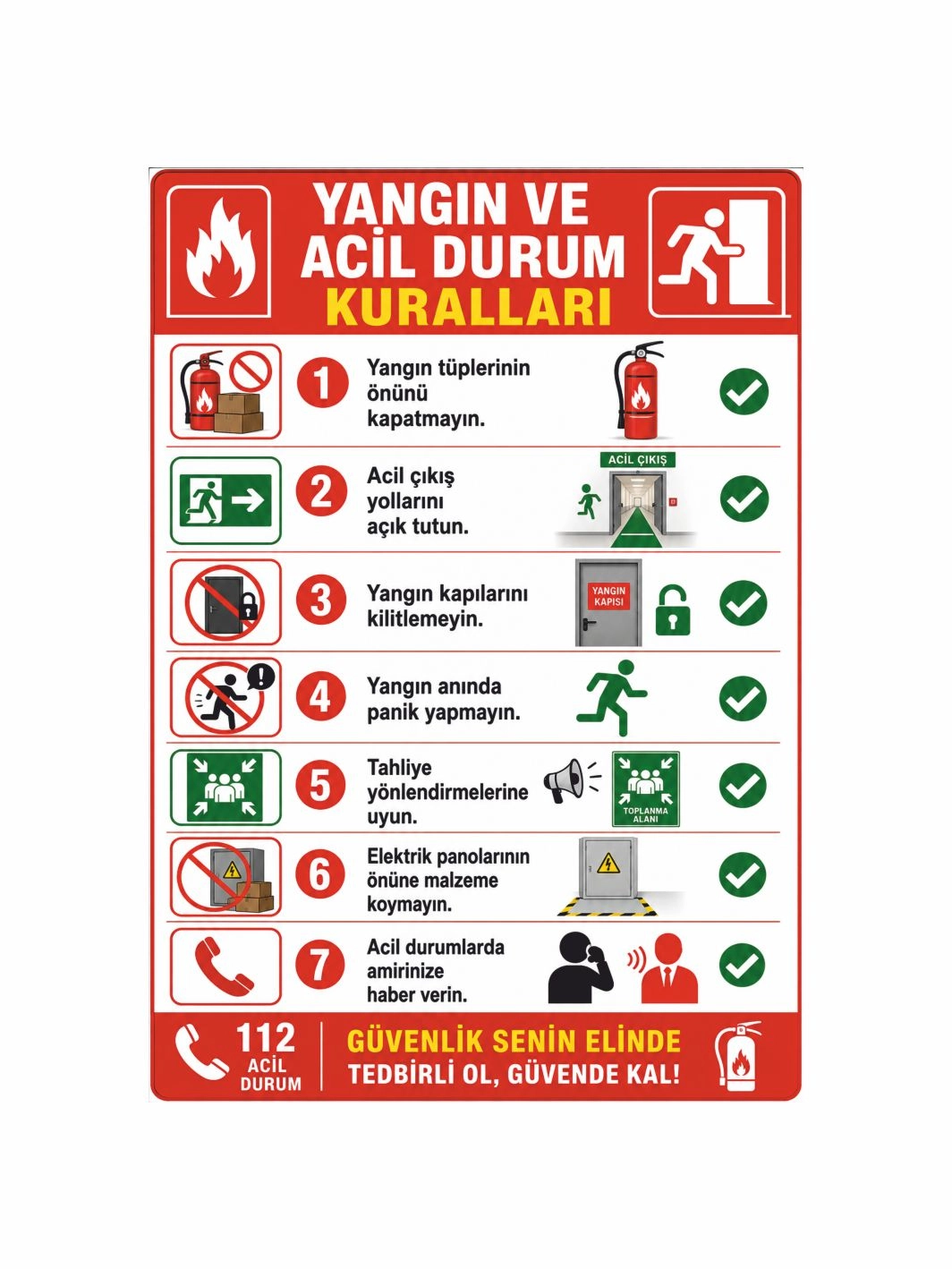 Yangın ve Acil Durum Kuralları Uyarı Levhası 50x35cm