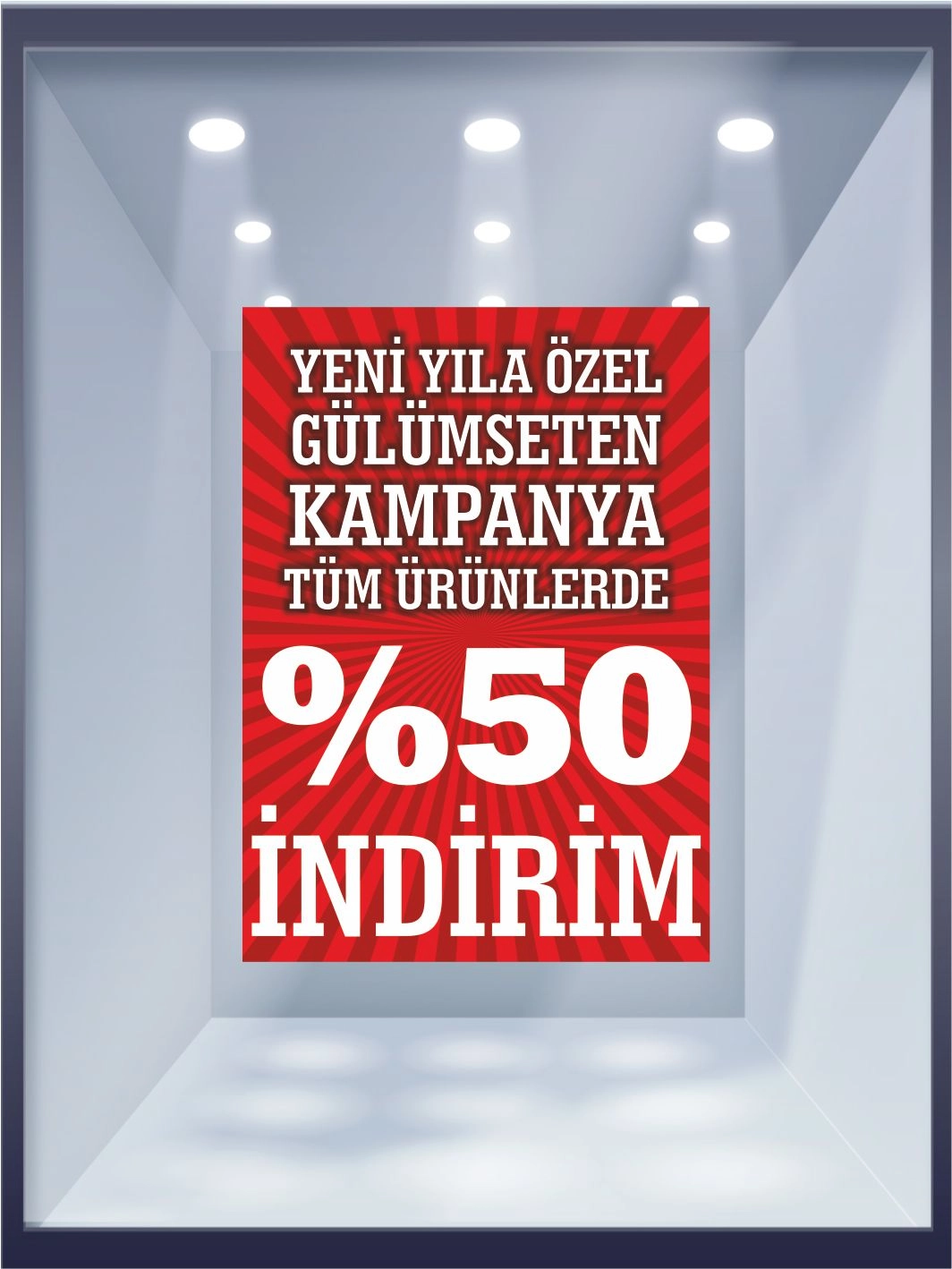 Yeni Yıla Gülümseten Kampanya Tüm Ürünlere %50 İndirim Folyo Baskısı Hazır Vitrin Görseli